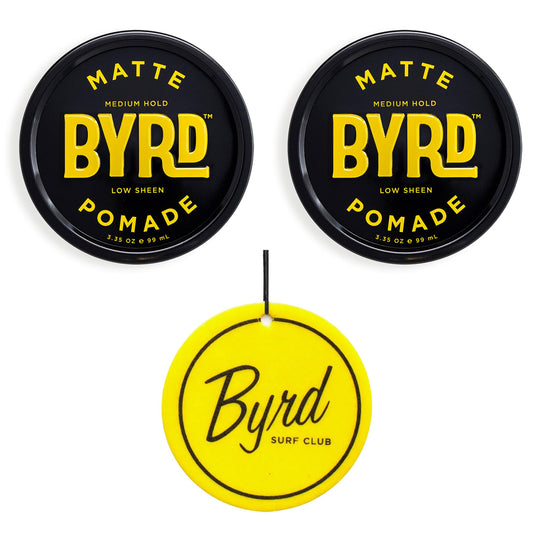 BYRD Hairdo Matte Pomade 2-pack jars closeup showing texture for versatile styling.