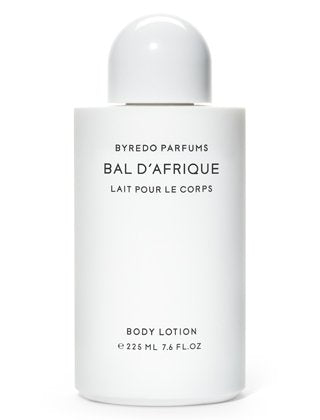 Byredo Bal d'Afrique Body Lotion bottle close-up, hydrating formula and warm fragrance