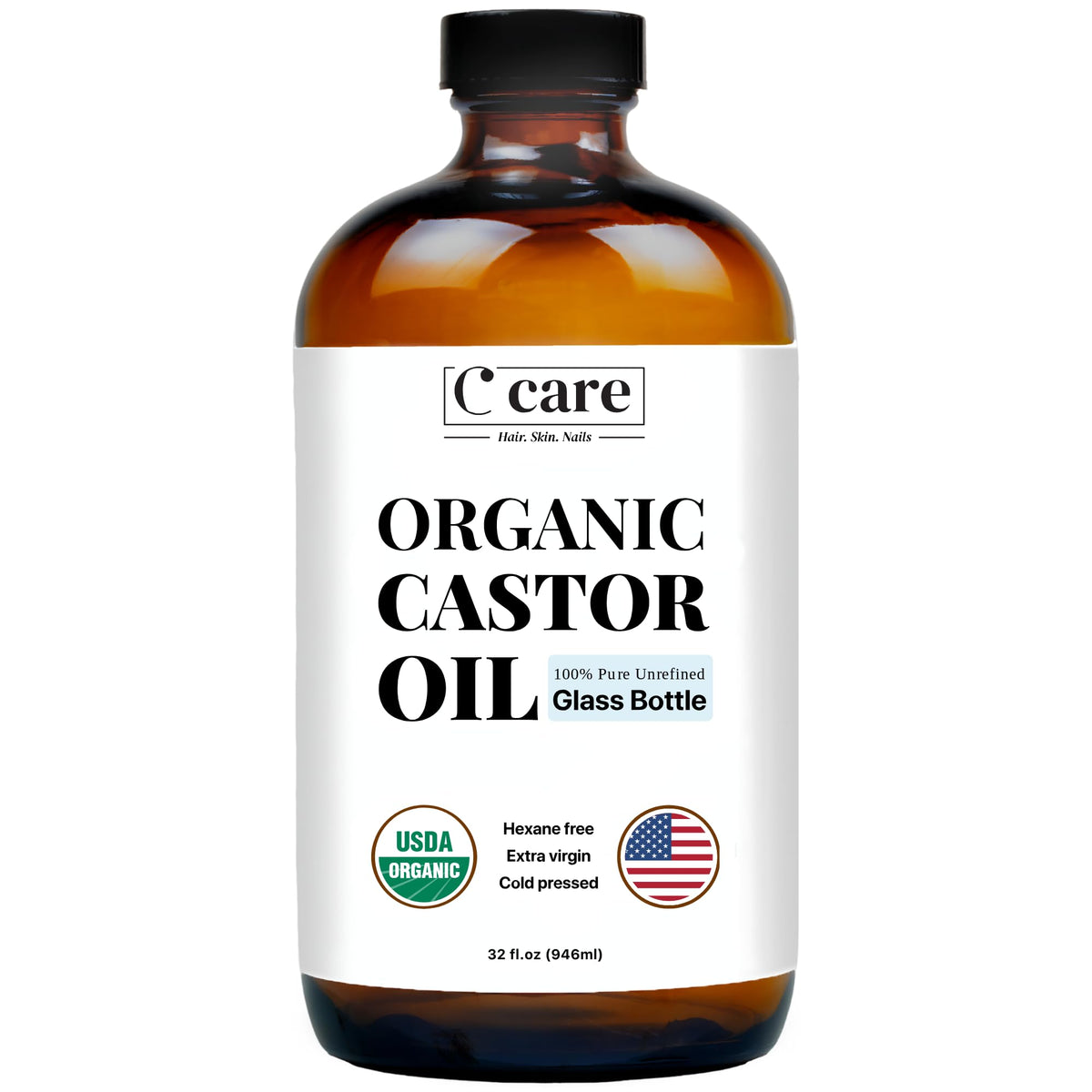 C CARE castor oil bottle front showing hexane-free, pure organic formula for beauty routines.