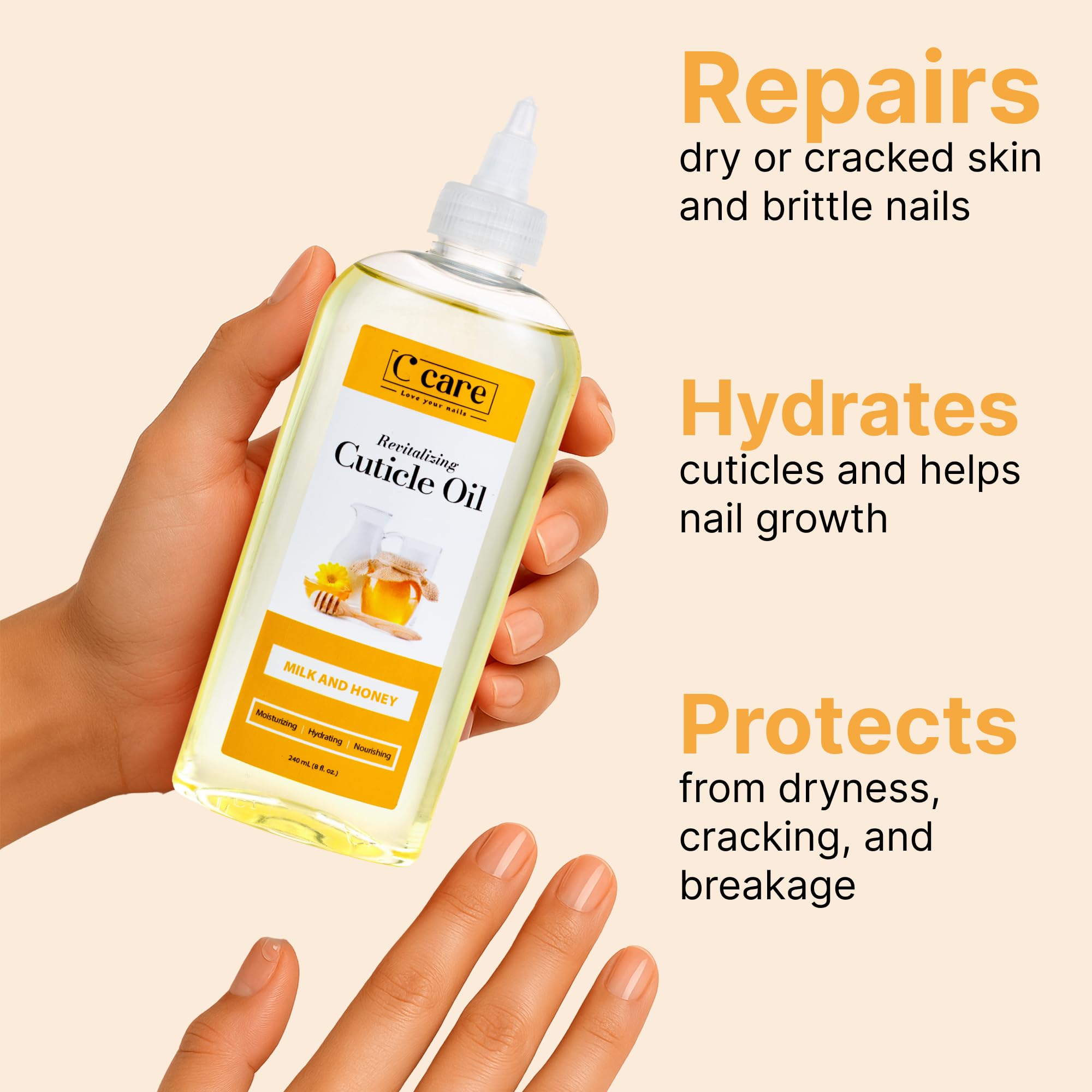 C CARE Cuticle Oil on nails provides shine and stronger-looking nails.