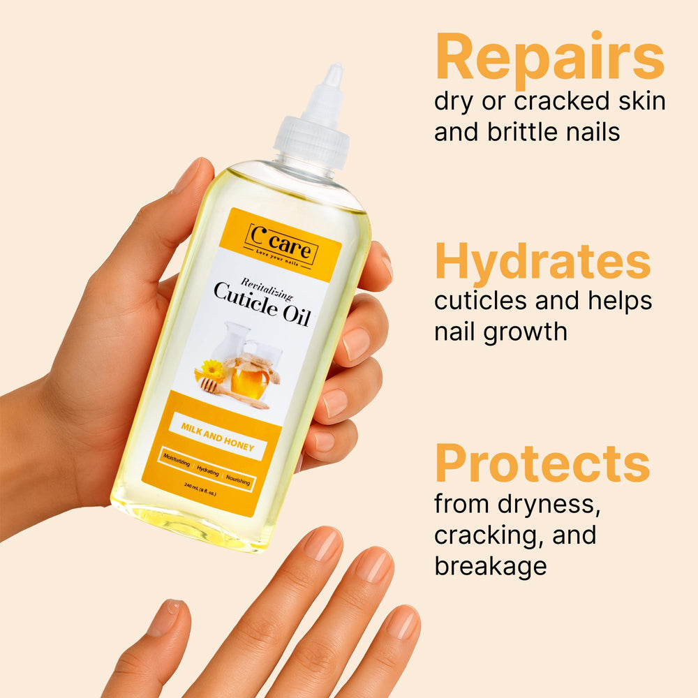 C CARE Cuticle Oil on nails provides shine and stronger-looking nails.