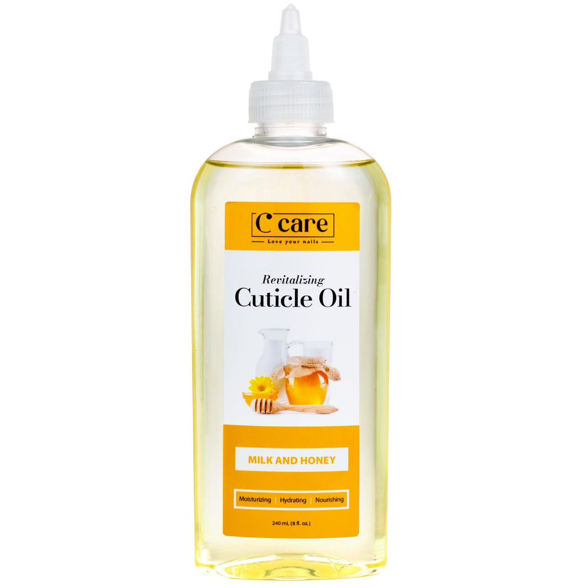 C CARE Milk and Honey Cuticle Oil bottle closeup for premium spa-like care.