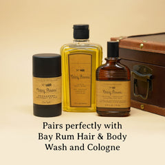 C.O. Bigelow Bay Rum deodorant on a bathroom shelf in a modern routine.