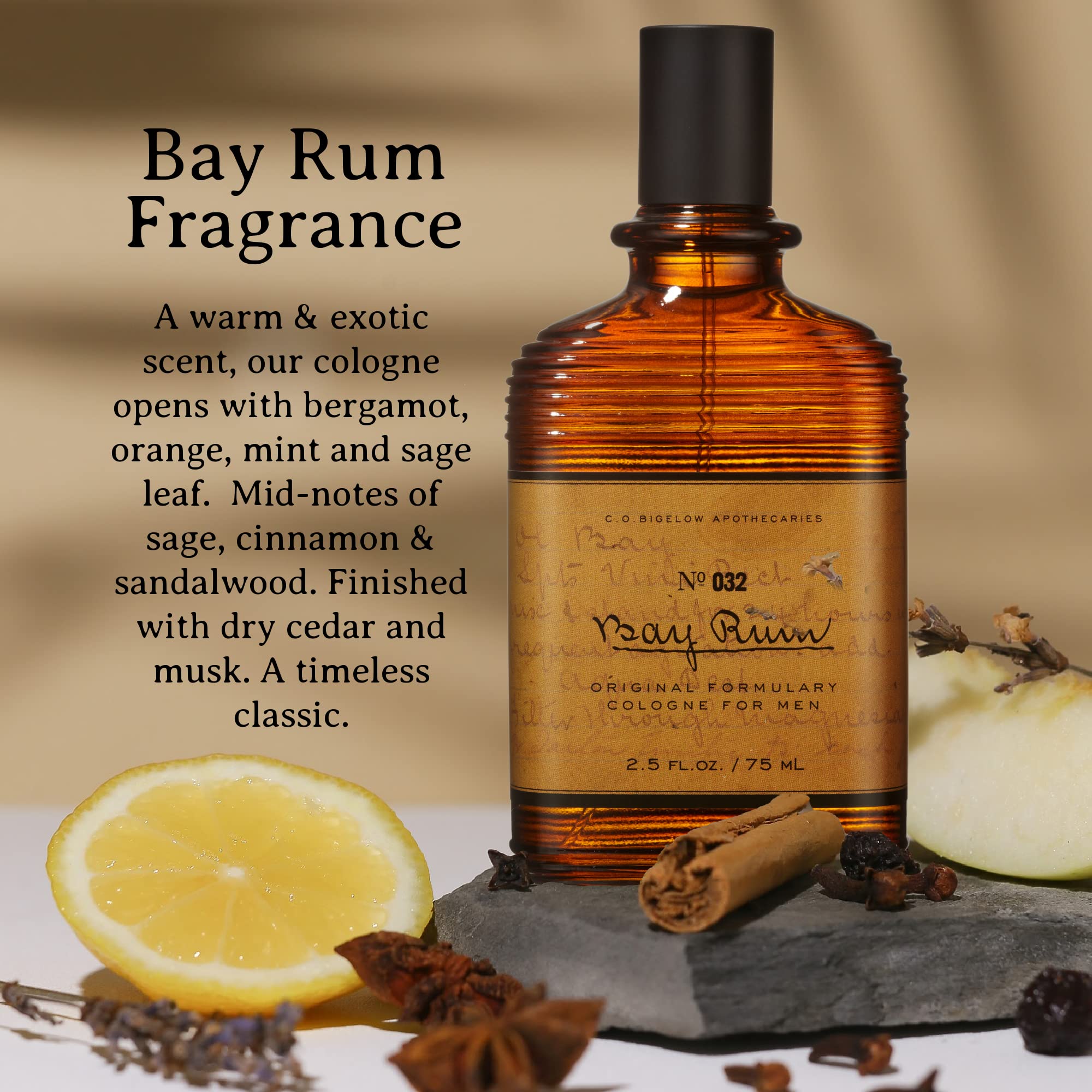 C.O. Bigelow Bay Rum label emphasizes bay oil and citrus spice aroma.