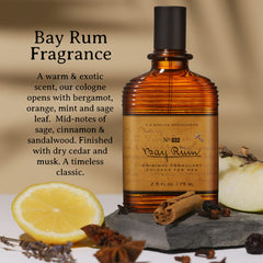 C.O. Bigelow Bay Rum label emphasizes bay oil and citrus spice aroma.