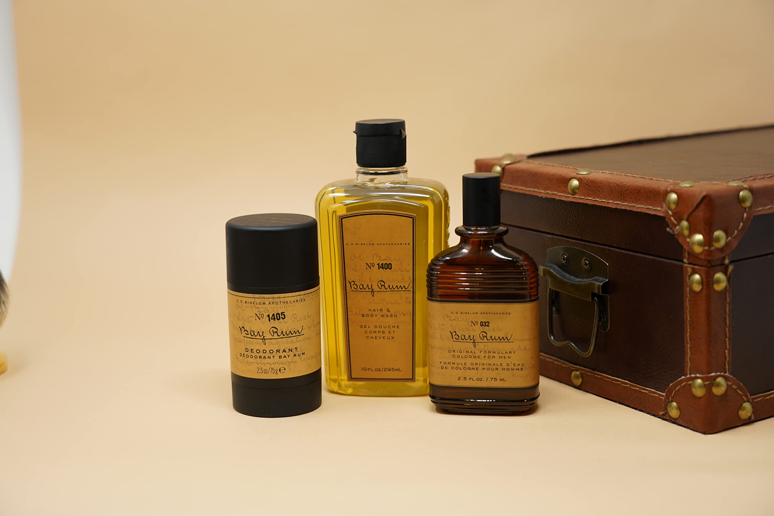 Shower setup with C.O. Bigelow Bay Rum wash ready for quick grooming.