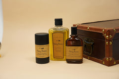 Shower setup with C.O. Bigelow Bay Rum wash ready for quick grooming.