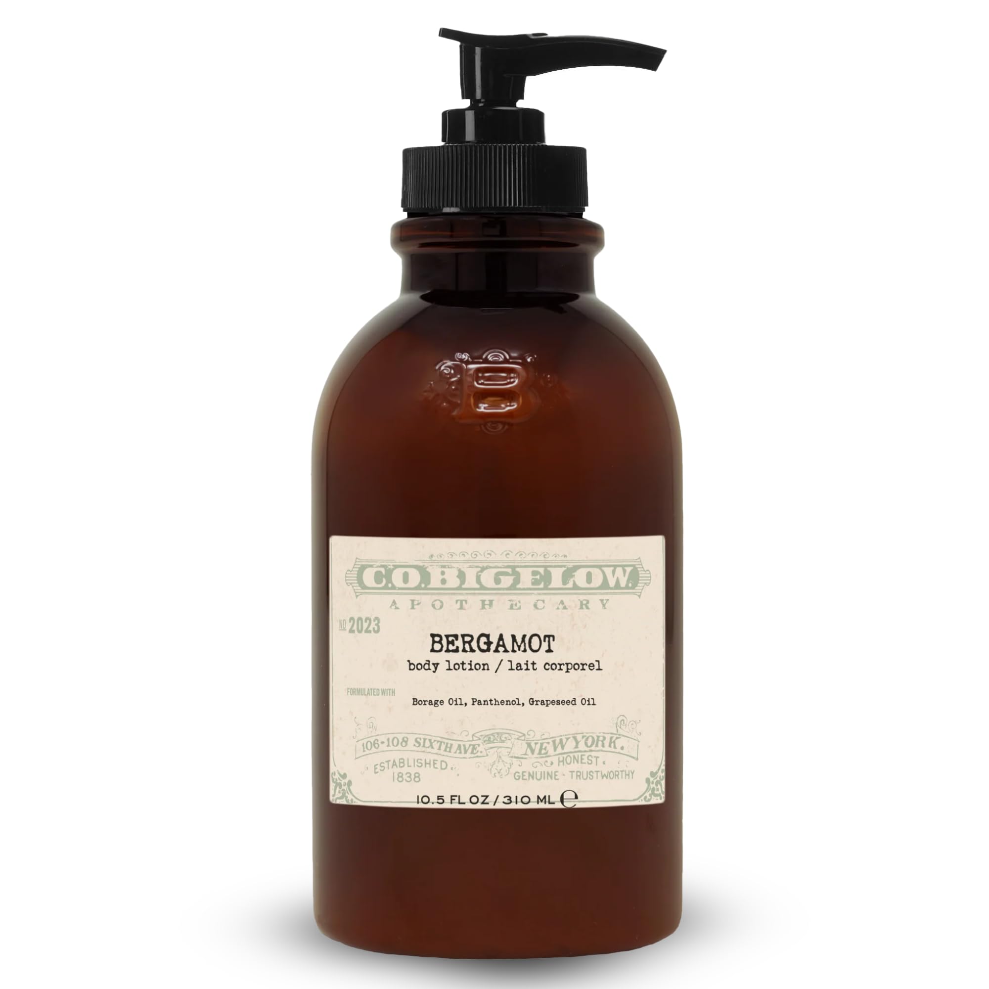 C.O. Bigelow Bergamot Body Lotion bottle highlighting rich moisture for dry skin