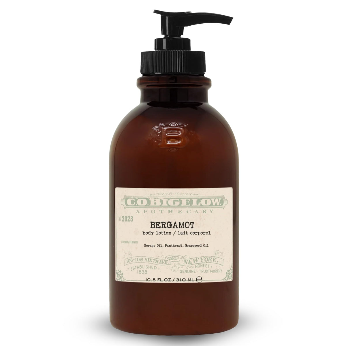 C.O. Bigelow Bergamot Body Lotion bottle highlighting rich moisture for dry skin
