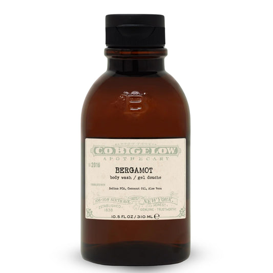 C.O. Bigelow Bergamot Body Wash pump foam showing rich lather for daily cleansing.