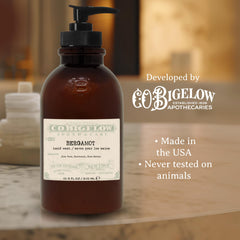 C.O. Bigelow Bergamot Hand Wash packaging display in bathroom.