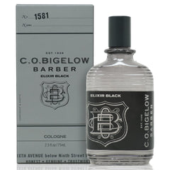 C.O. Bigelow Elixir Black bottle on vanity showcasing the long-lasting scent.