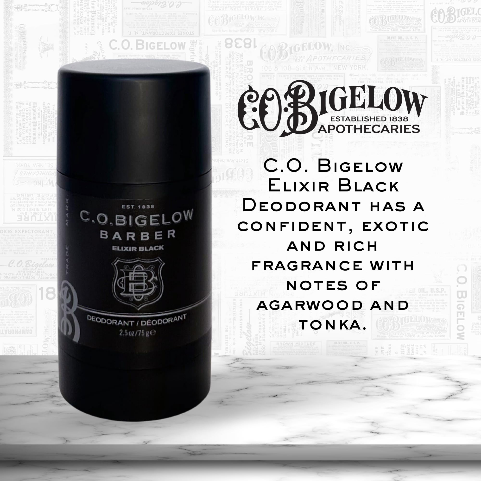 Close-up of C O Bigelow Elixir Black bottle showing musk vanilla fragrance