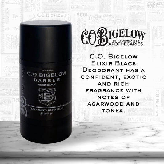 Close-up of C O Bigelow Elixir Black bottle showing musk vanilla fragrance