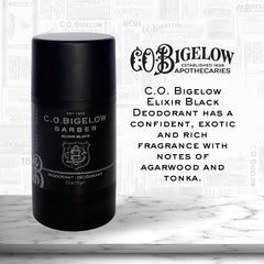 Close-up of C O Bigelow Elixir Black bottle showing musk vanilla fragrance