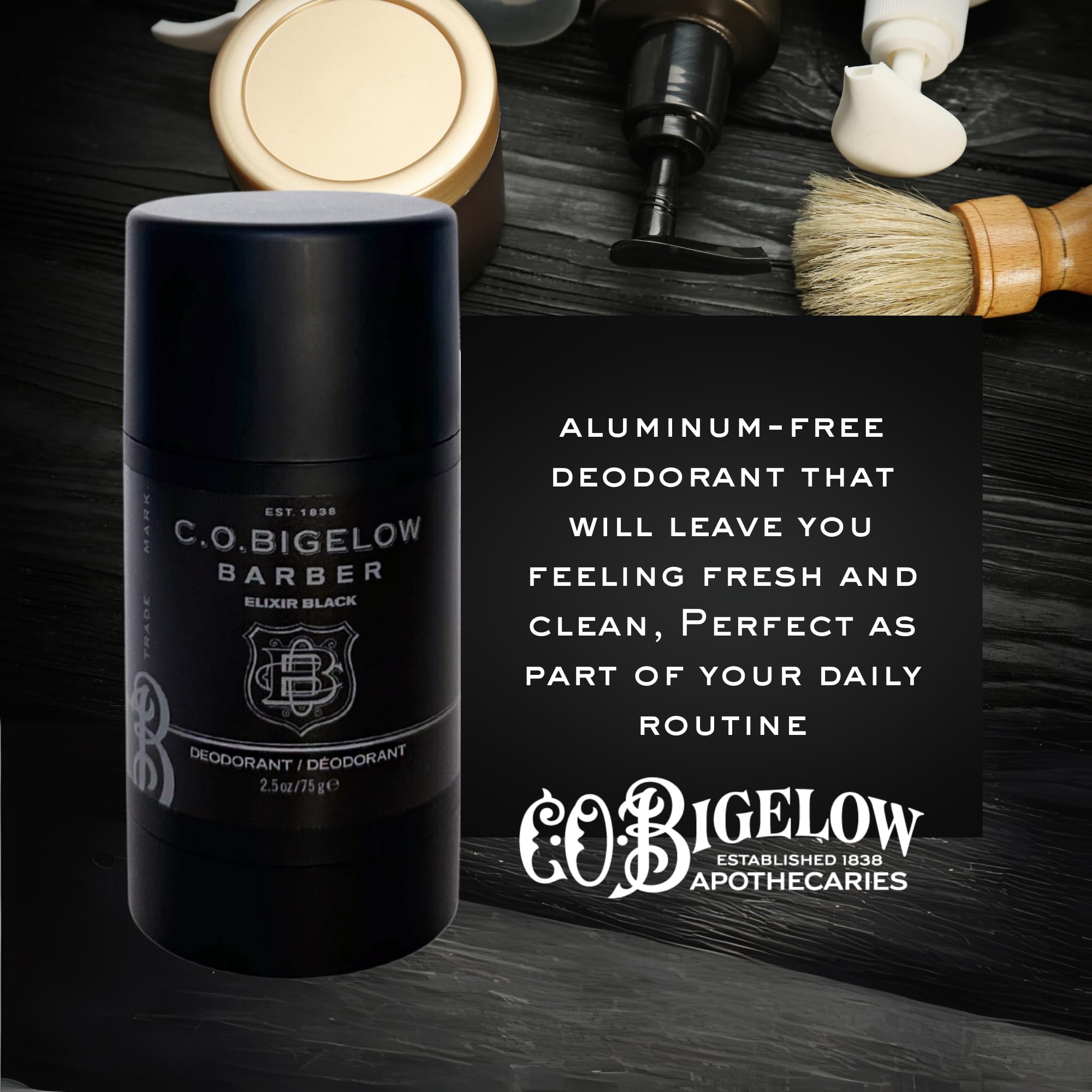 Cruelty-free logo on C O Bigelow Elixir Black packaging