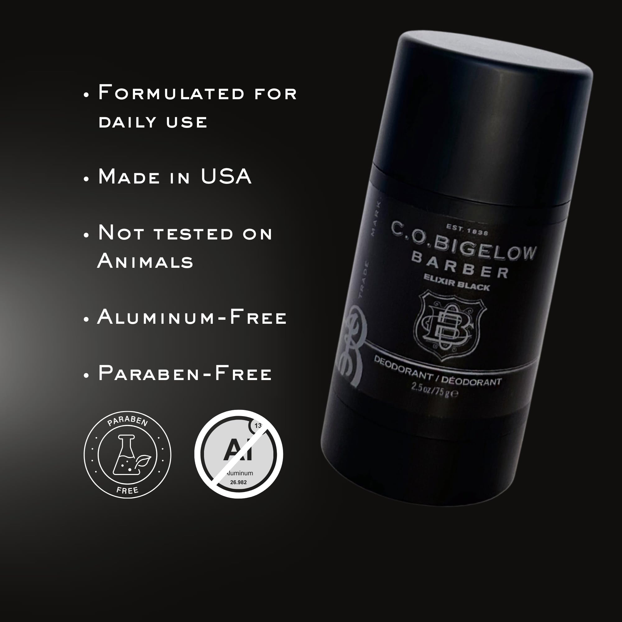 Packaging close-up of aluminum-free formula for C O Bigelow Elixir Black