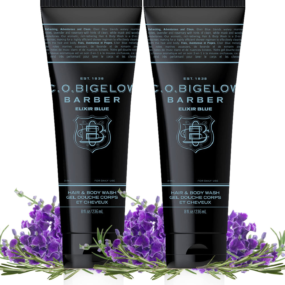 C.O. Bigelow Elixir Blue bottle angled view emphasizes 2-in-1 grooming