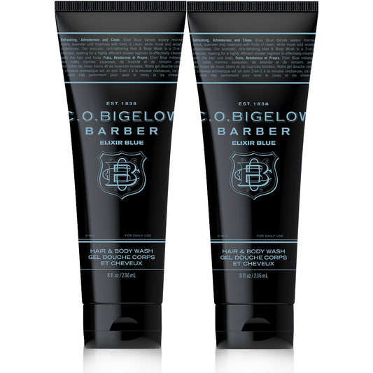 C.O. Bigelow Elixir Blue bottle front for quick, convenient showers