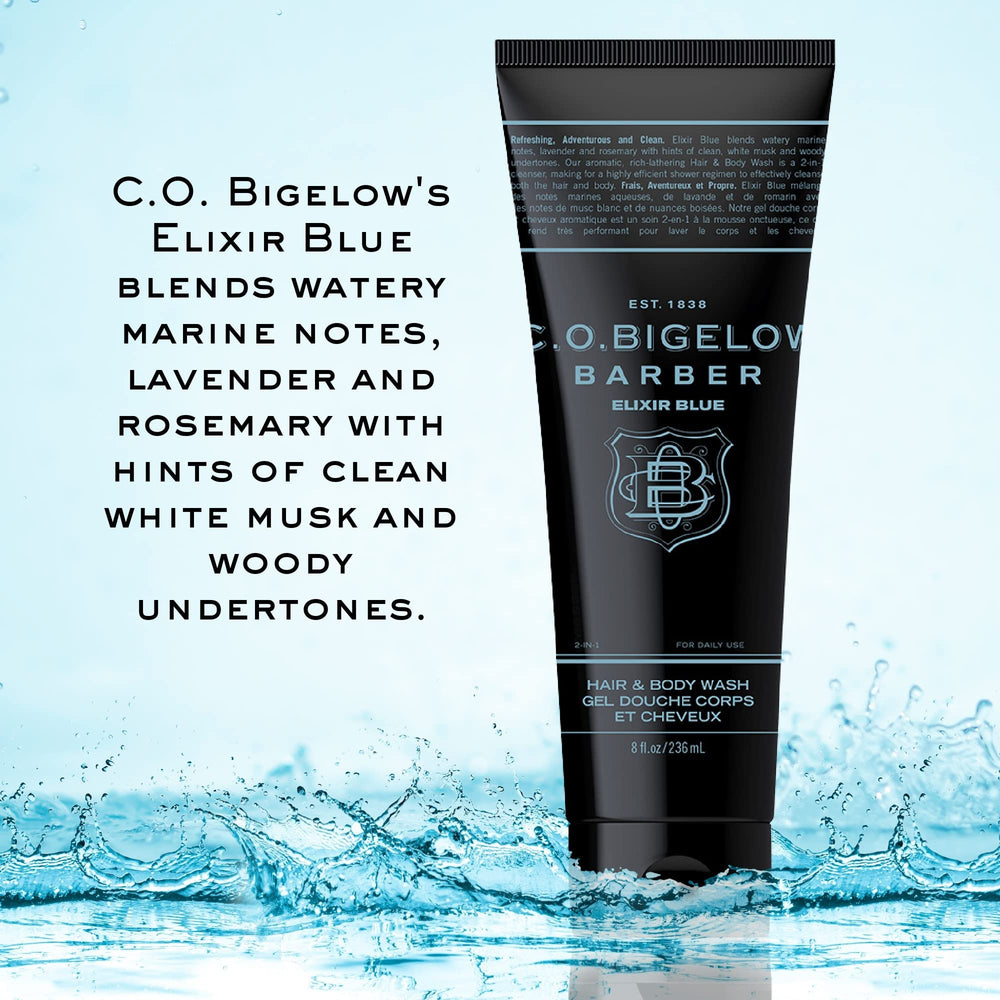 C.O. Bigelow Elixir Blue foam-lather showcases rich cleansing for body and hair