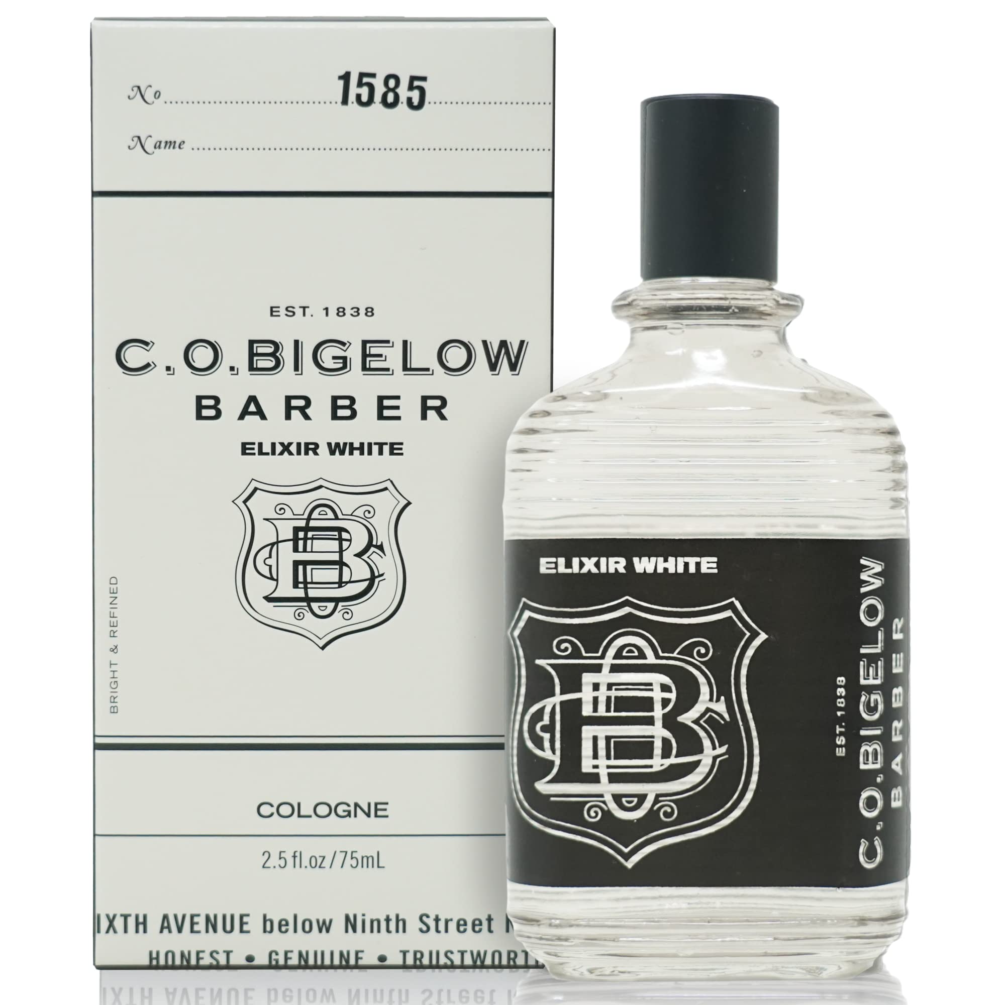 C.O. Bigelow Elixir White bottle front showing modern masculine fragrance and long-lasting feel