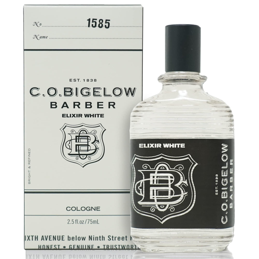 C.O. Bigelow Elixir White bottle front showing modern masculine fragrance and long-lasting feel