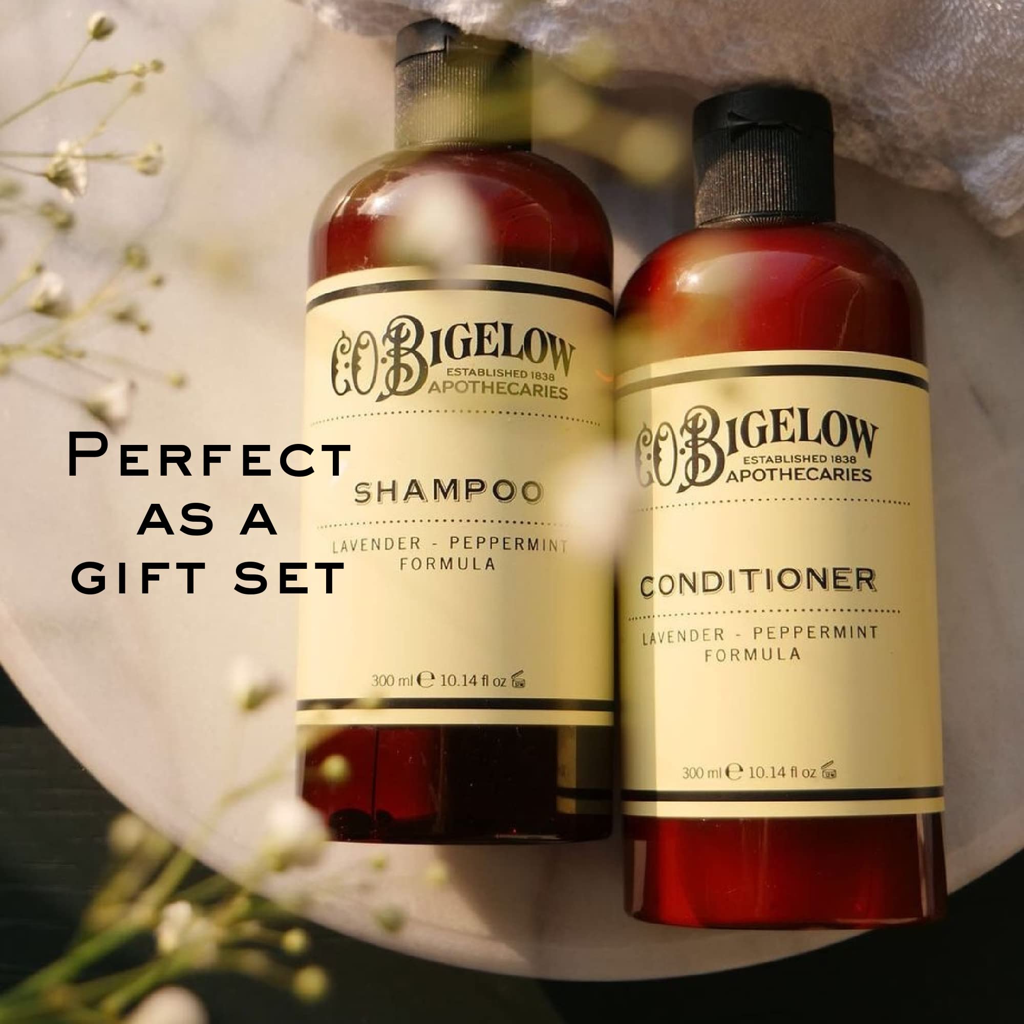 C.O. Bigelow Lavender Peppermint Conditioner close-up emphasizes gentle shine on hair