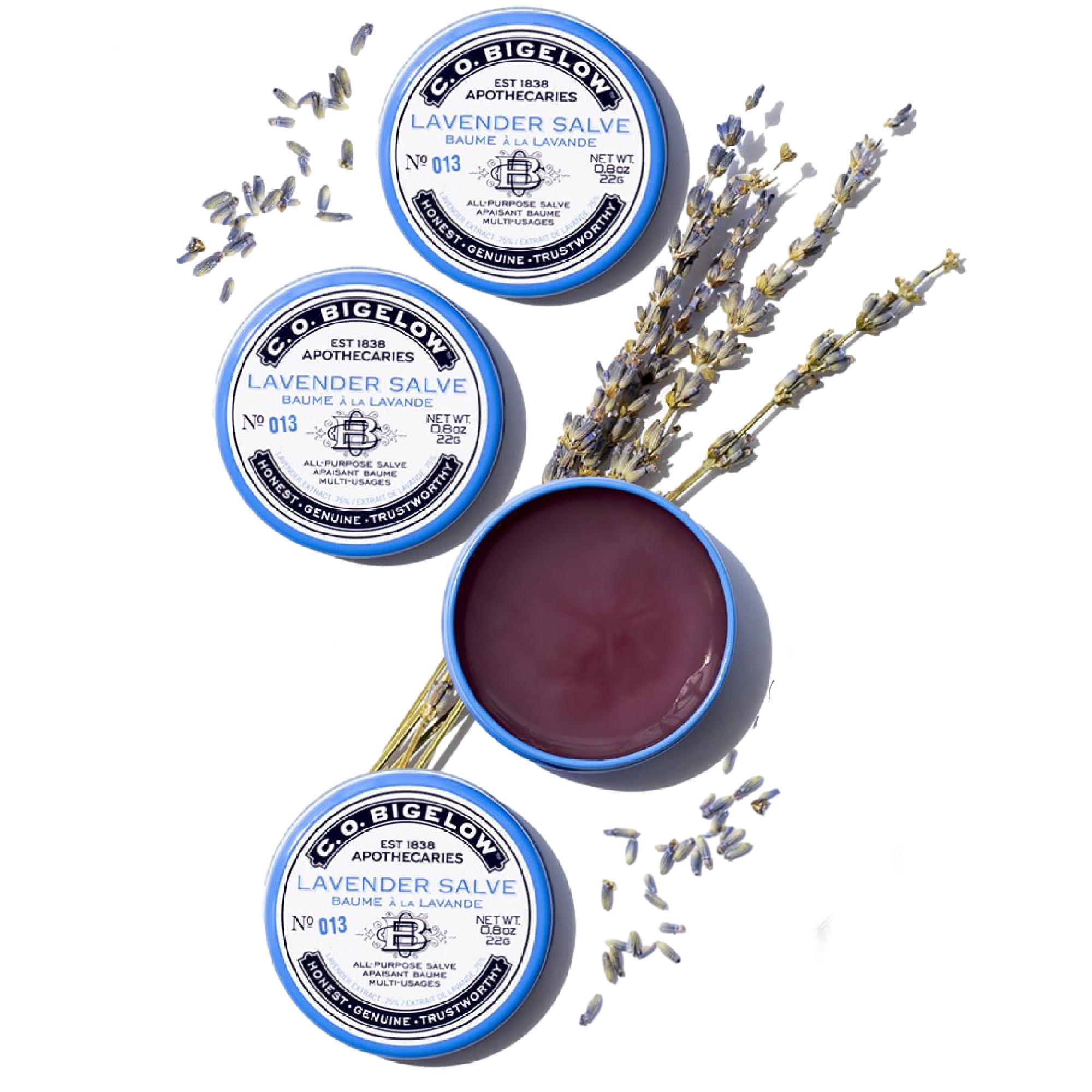 C.O. Bigelow Lavender Salve tins aiding dry elbows and knees during dryness.