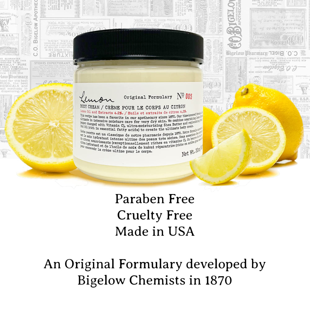 C.O. Bigelow Lemon Body Cream ingredients visual featuring lemon extract and shea butter