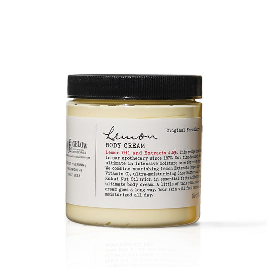 C.O. Bigelow Lemon Body Cream jar close-up highlighting rich moisturizing formula