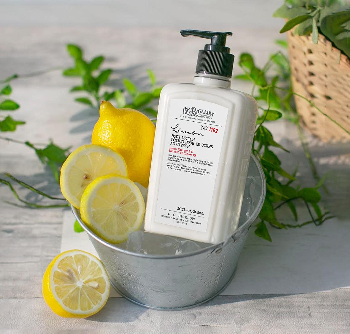 C.O. Bigelow Lemon Body Lotion pump application on forearm for quick hydration.