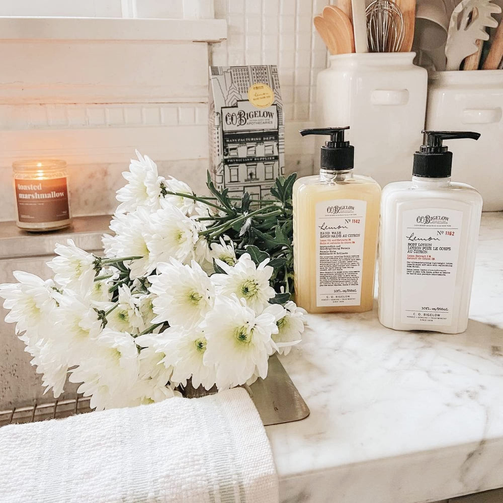 Bathroom sink scene with C. O. Bigelow lemon hand wash highlighting cruelty-free formula