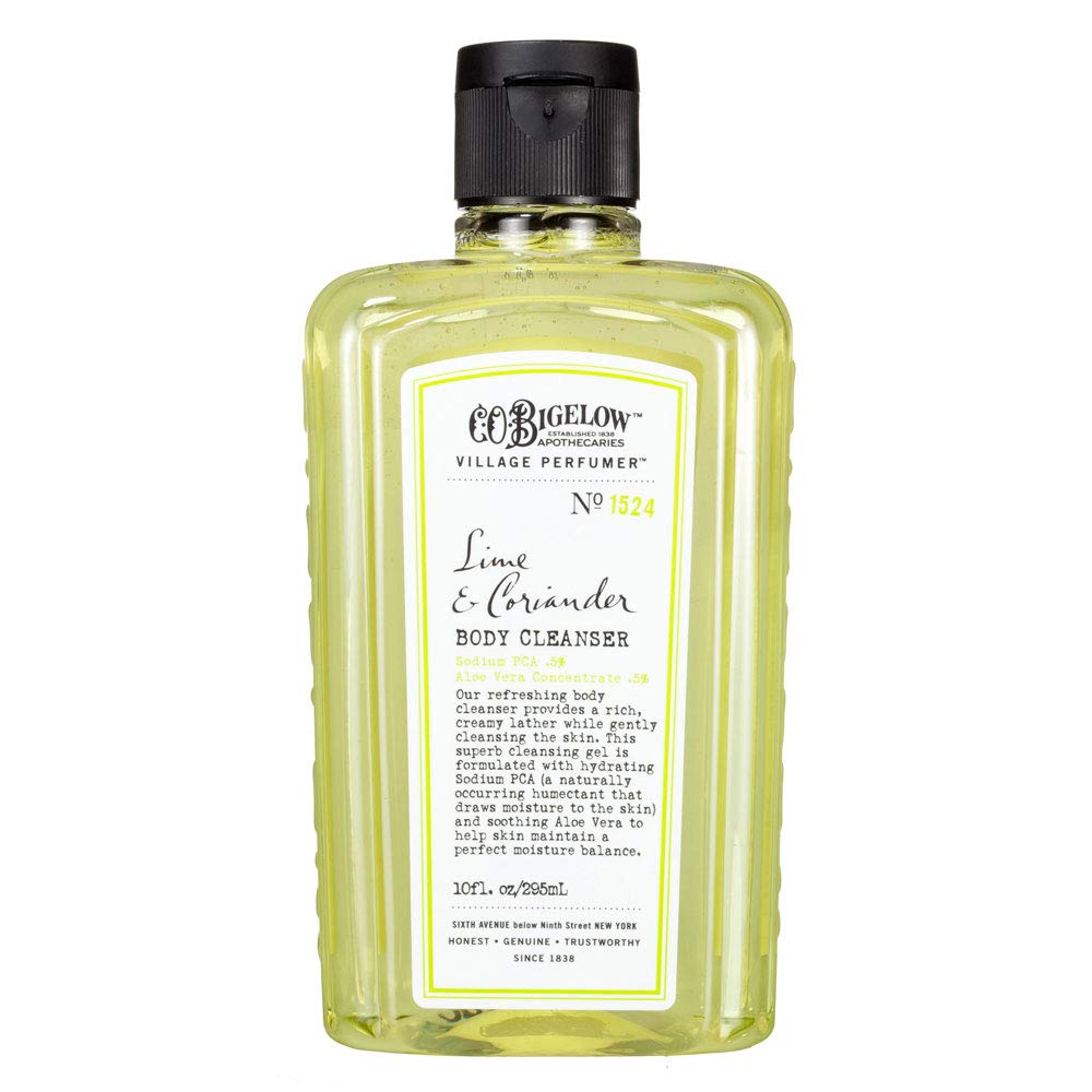 Dispenser pour of C O Bigelow Lime Coriander body wash for easy bath prep