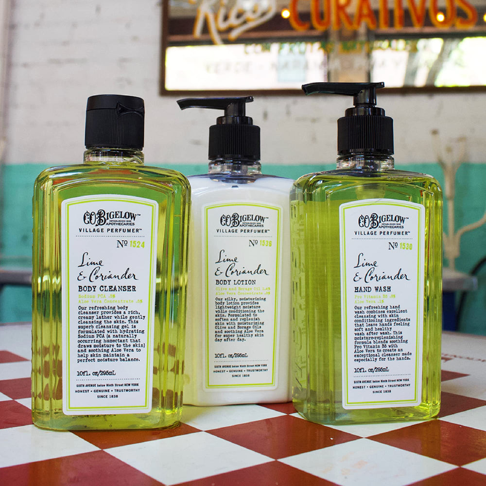 Shower setup with C O Bigelow Lime Coriander body wash in use