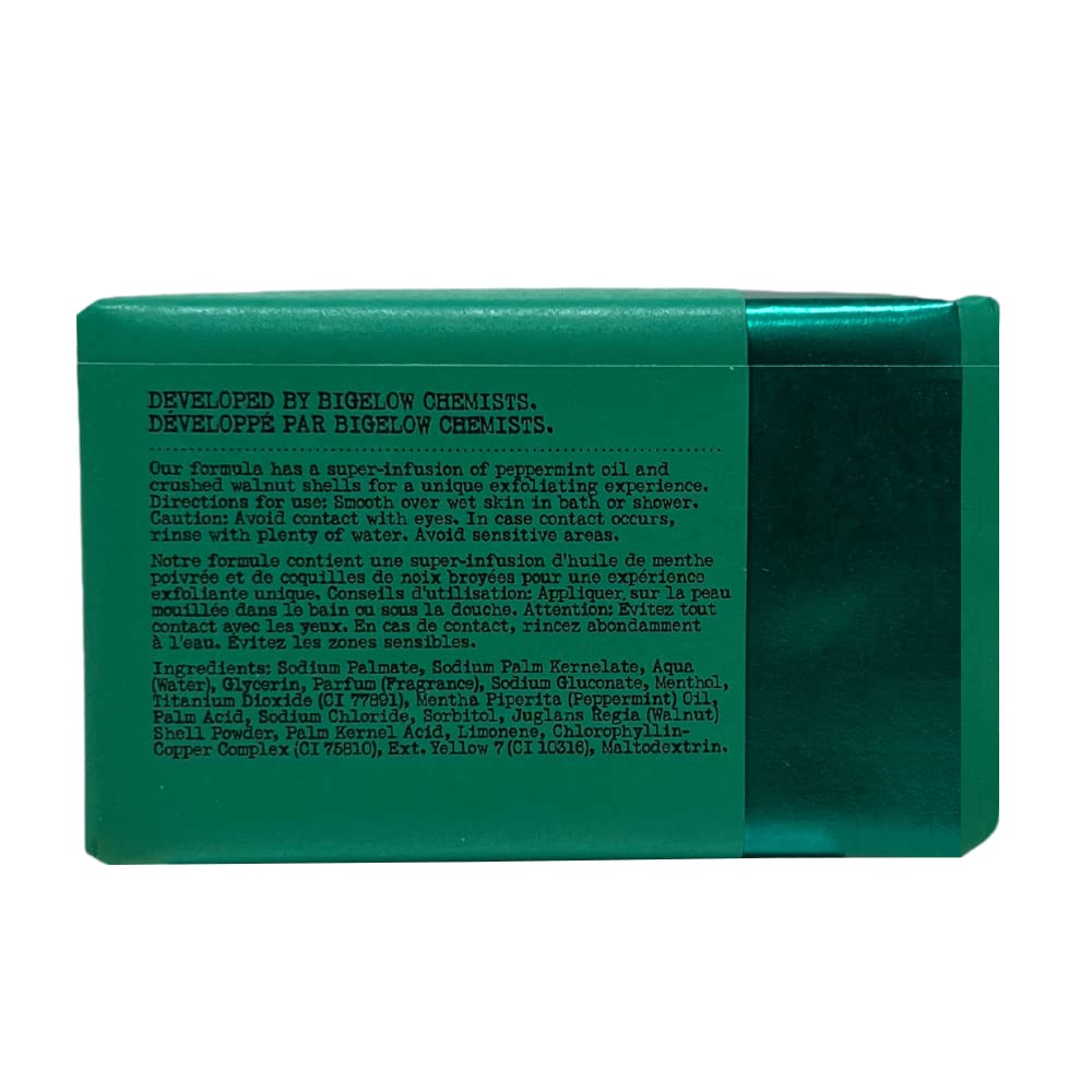 C.O. Bigelow Mentha exfoliating bar soap close up with peppermint oil and walnut powder