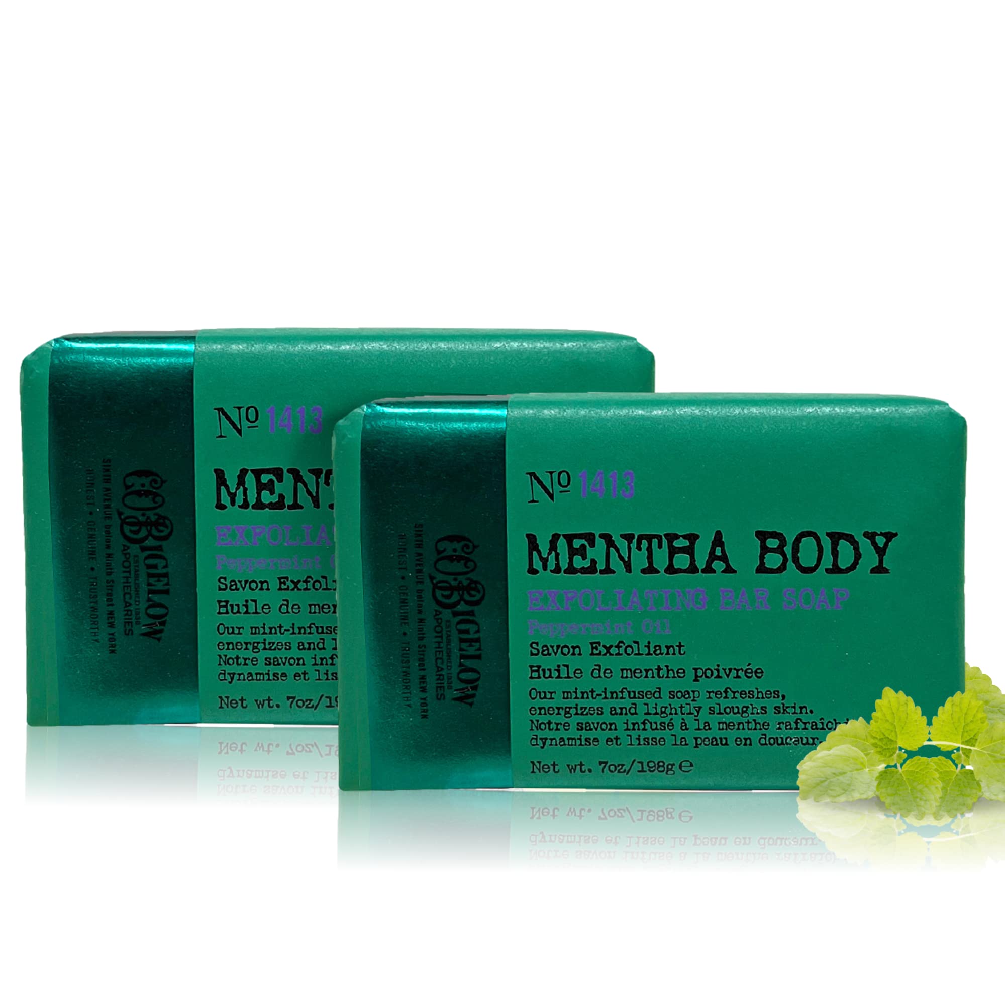 C.O. Bigelow Mentha exfoliating bar soap in shower creating refreshing lather