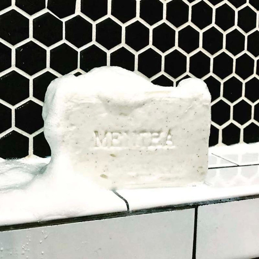 C.O. Bigelow Mentha exfoliating bar soap USA-made on bathroom shelf