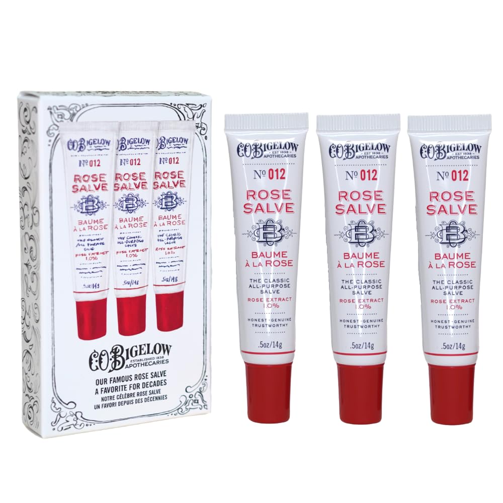 C.O. Bigelow Rose Salve 0.5 oz travel-friendly tubes.