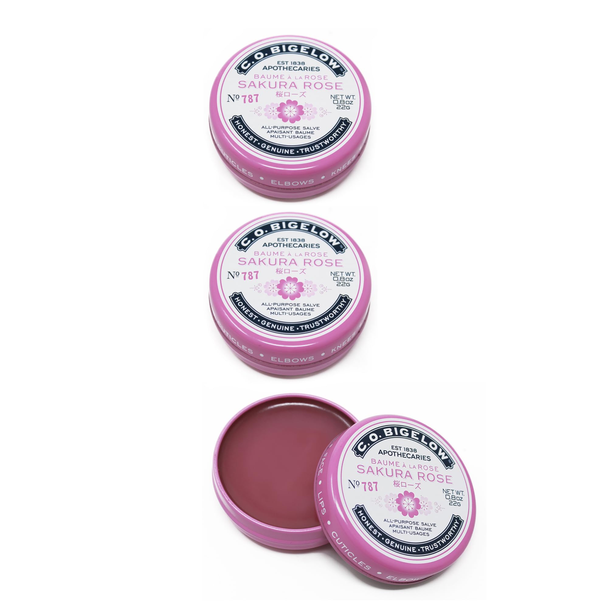 C.O. Bigelow Sakura Rose Salve tins three-pack front view for daily hydration