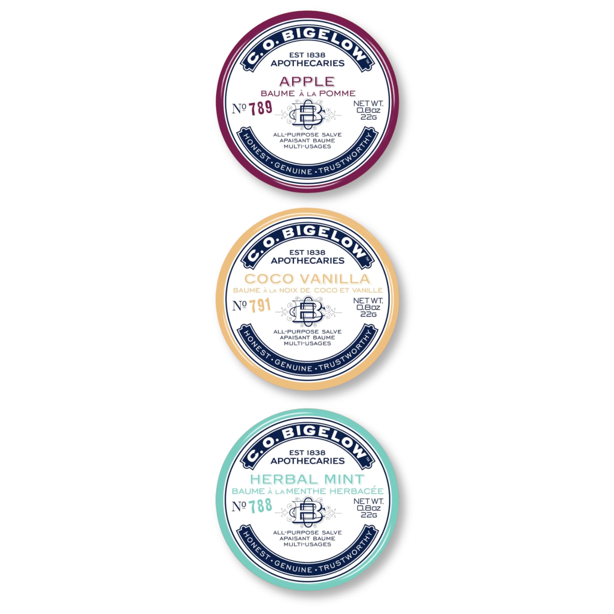 C.O. Bigelow Coco Vanilla salve tin hydrates lips gently.