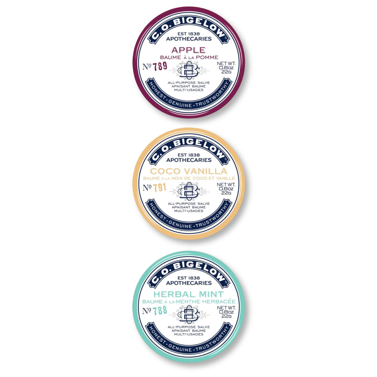 C.O. Bigelow Coco Vanilla salve tin hydrates lips gently.