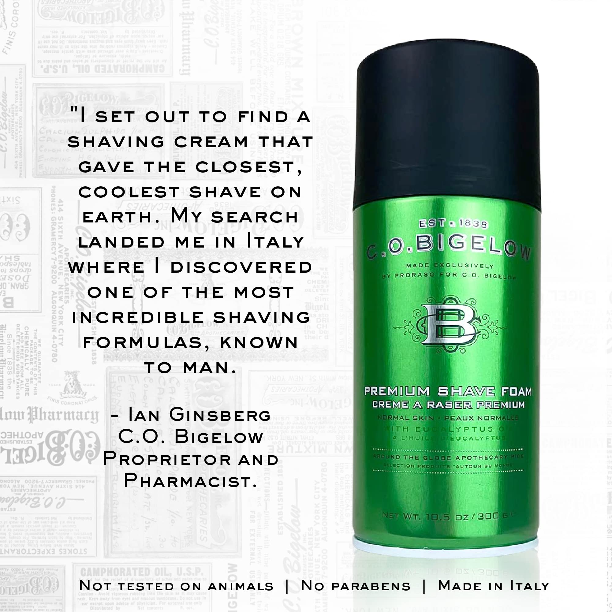 C.O. Bigelow Shaving Foam brush-application scene emphasizes luxurious foam and comfort.