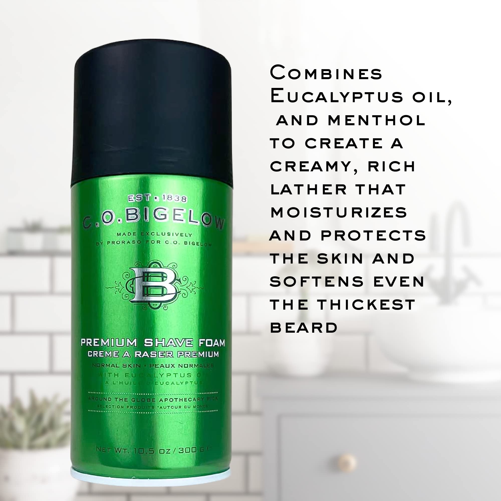 Creamy C.O. Bigelow foam soothes and hydrates skin after shaving.
