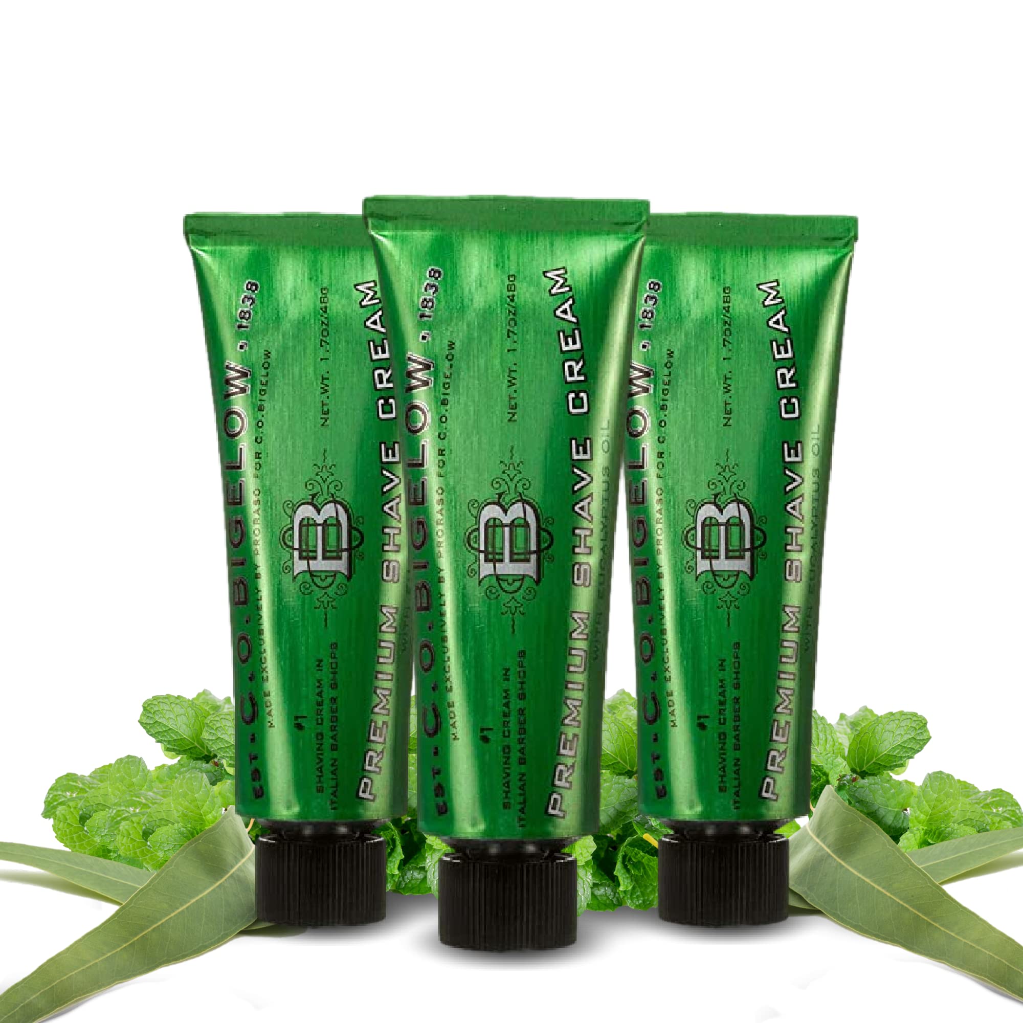 C.O. Bigelow travel shaving cream three-pack with 1.7 oz jars for on-the-go grooming.