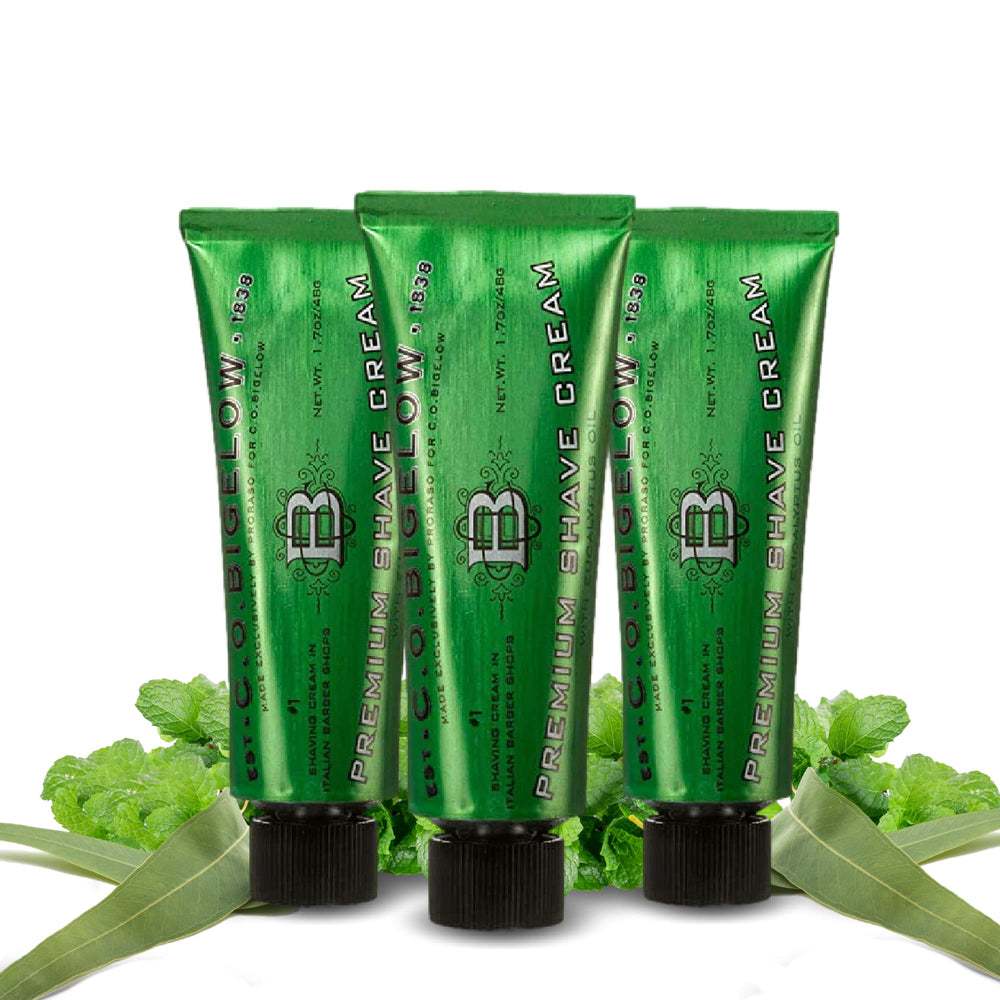 C.O. Bigelow travel shaving cream three-pack with 1.7 oz jars for on-the-go grooming.