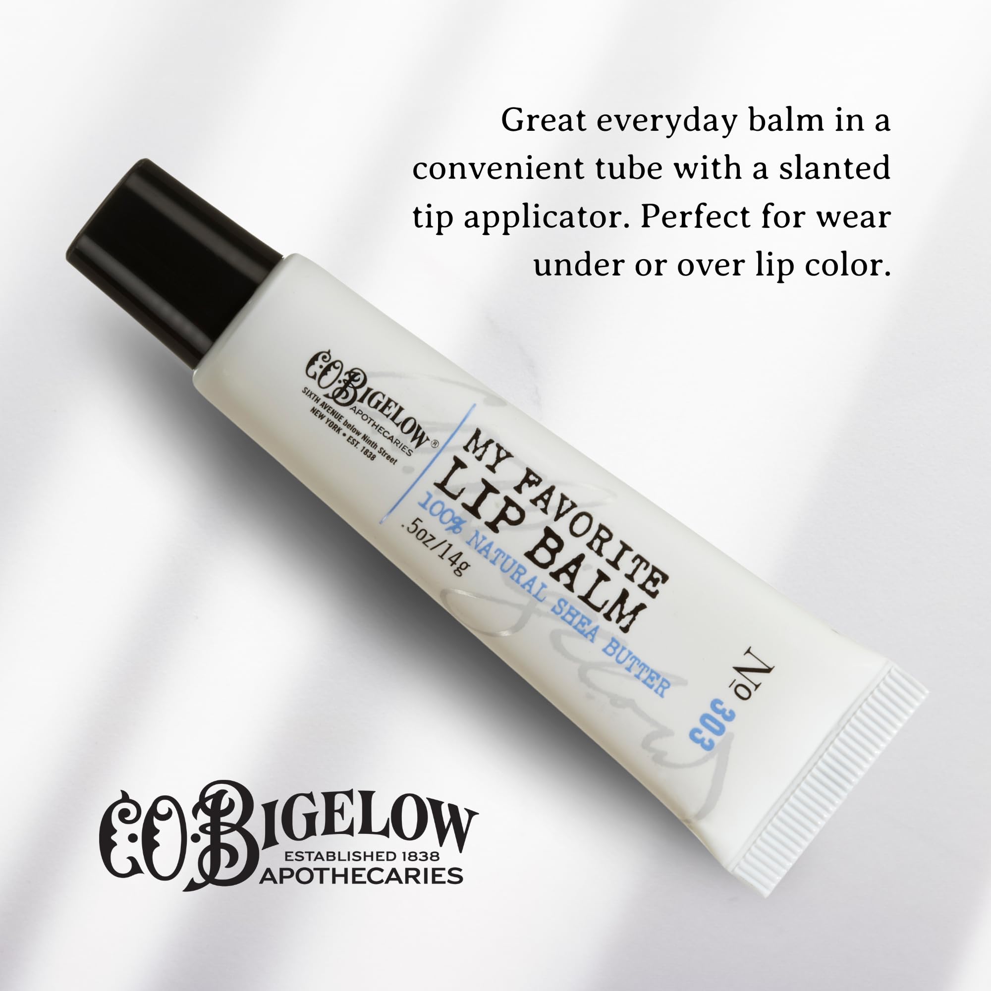 C. O. Bigelow unscented lip balm highlighting natural shea and jojoba oils