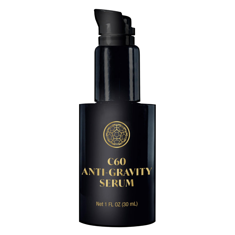 C60 Purple Power serum bottle pour for daily facial and neck care.