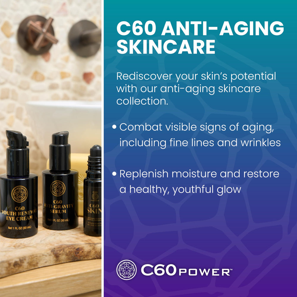 C60 Purple Power serum packaging and bottle display emphasizing premium design.