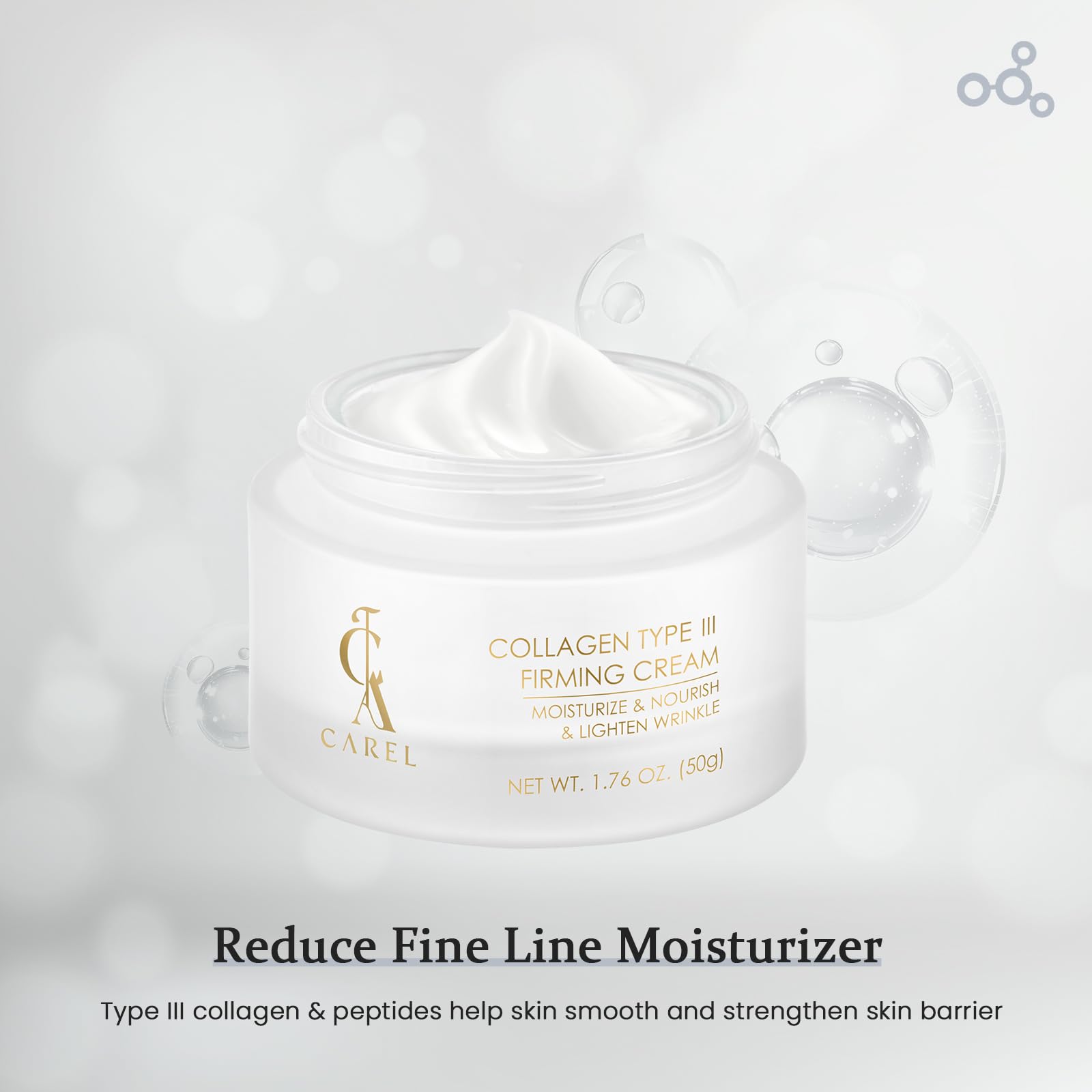 CA CAREL Peptides Collagen Firming Cream closeup reveals creamy consistency.