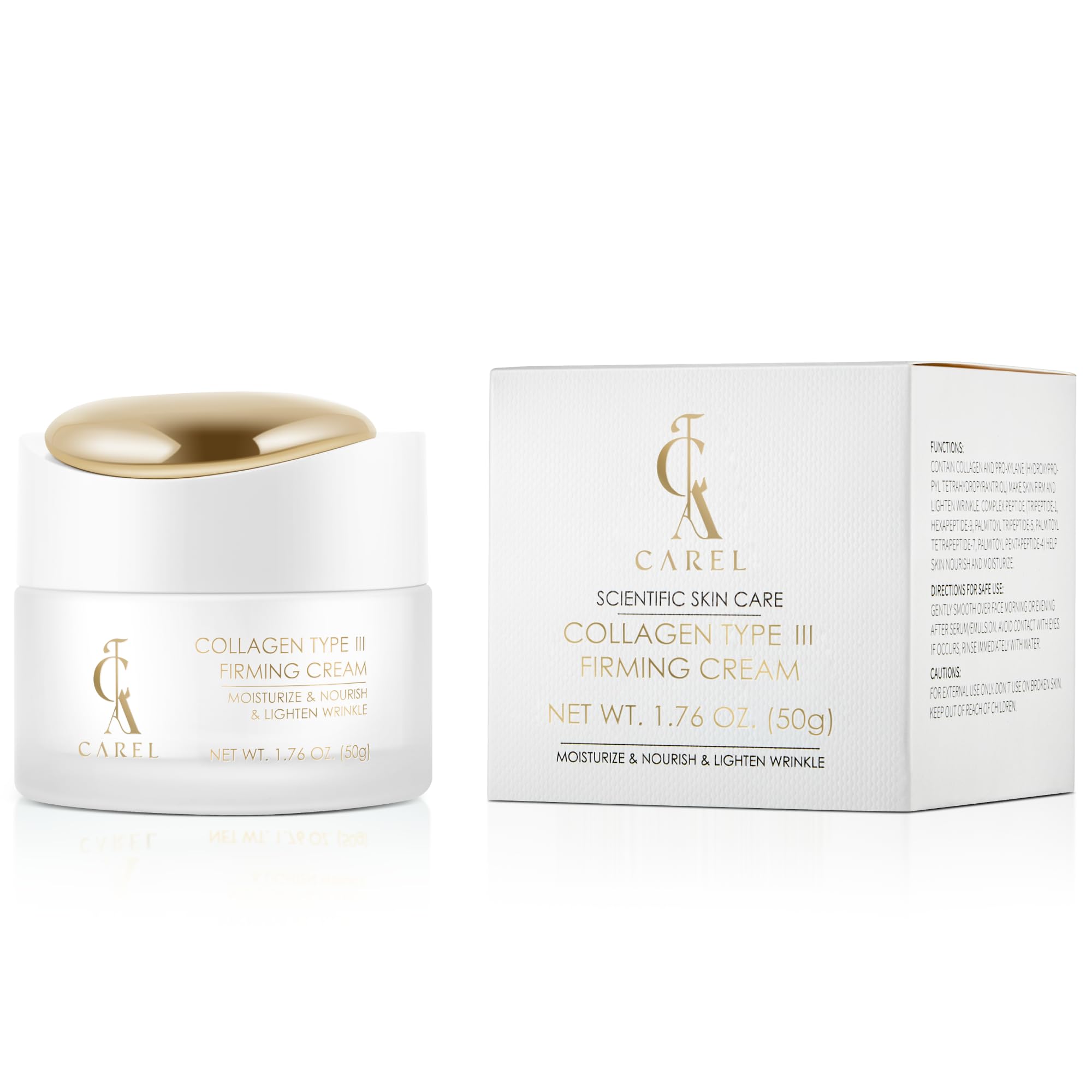CA CAREL Peptides Collagen Firming Cream glow shot suggests refreshed, healthy skin.